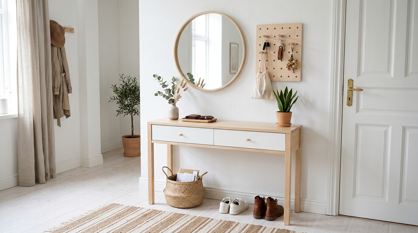 Scandinavian entryway design with a light birch console and simple pegboard storage solutions above.