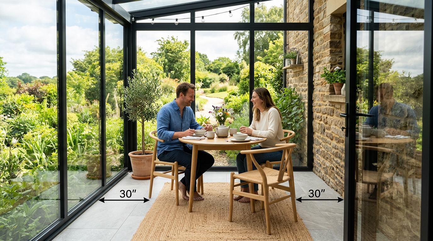 Compact dining setup within a glazed patio with 30-inch chair clearance for ergonomic movement in small apartment balcony ideas.