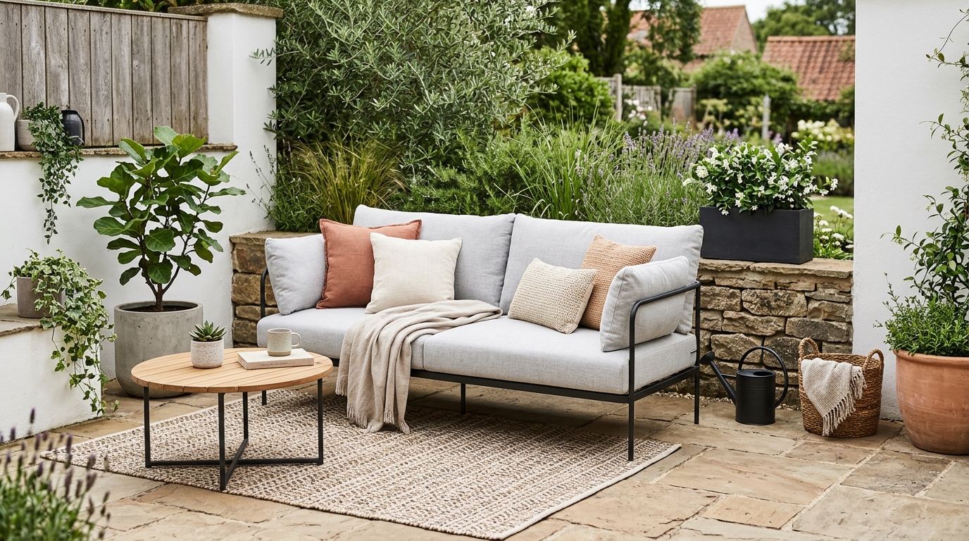 Sleek contemporary outdoor sofa with slim metal legs to maintain visual transparency in a small backyard upgrade.