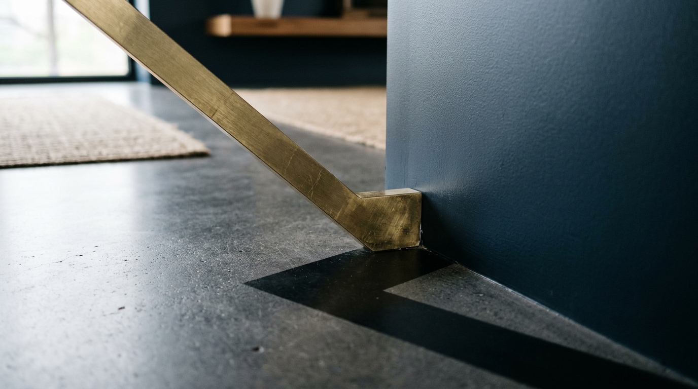 Architectural detail of a console table leg design in brushed brass against a dark limewash wall.