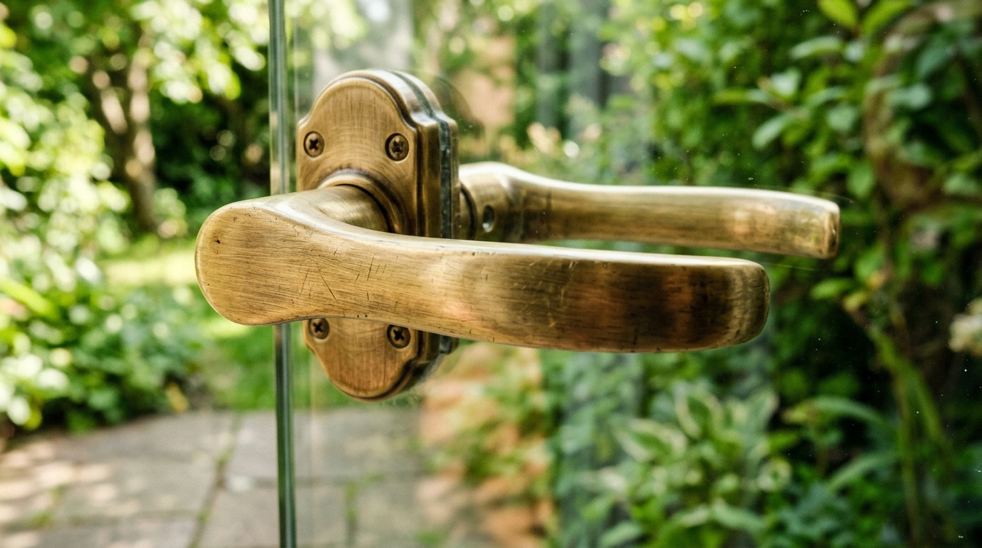 Polished brass hardware on a glass door reflecting the warm 2700K light of the interior, part of luxury small apartment balcony ideas textures.