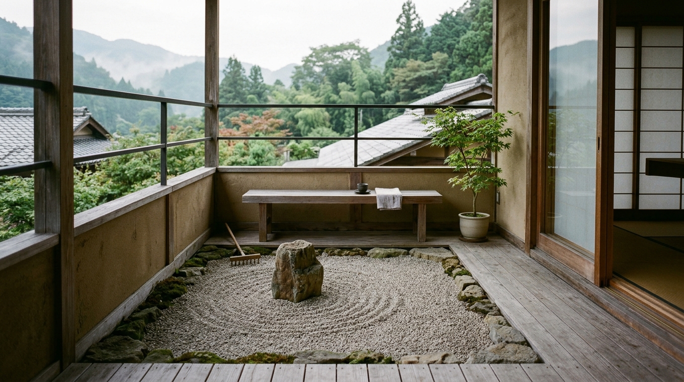 Zen-inspired small balcony with a gravel border, stepping stones, and a minimalist bench for quiet reflection.