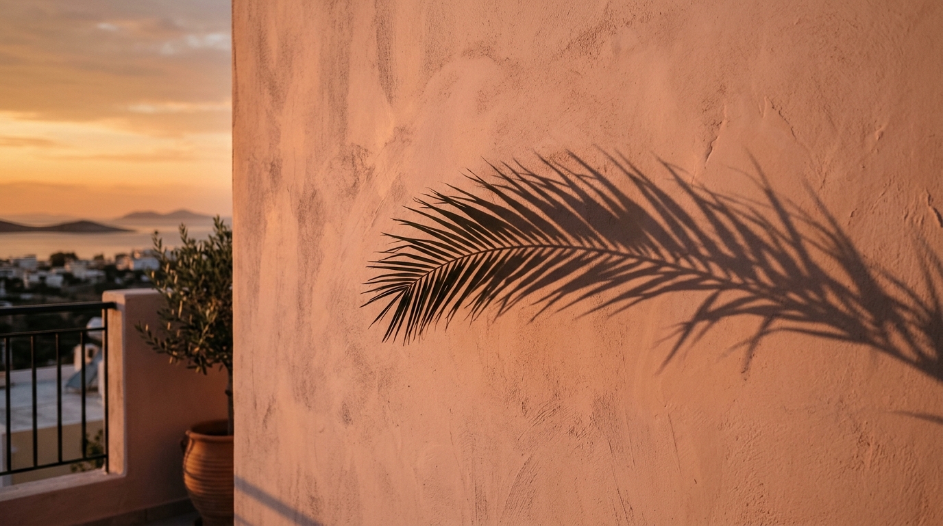 Warm sunset light hitting a balcony wall finished in Farrow & Ball Setting Plaster, creating a soft and inviting glow.