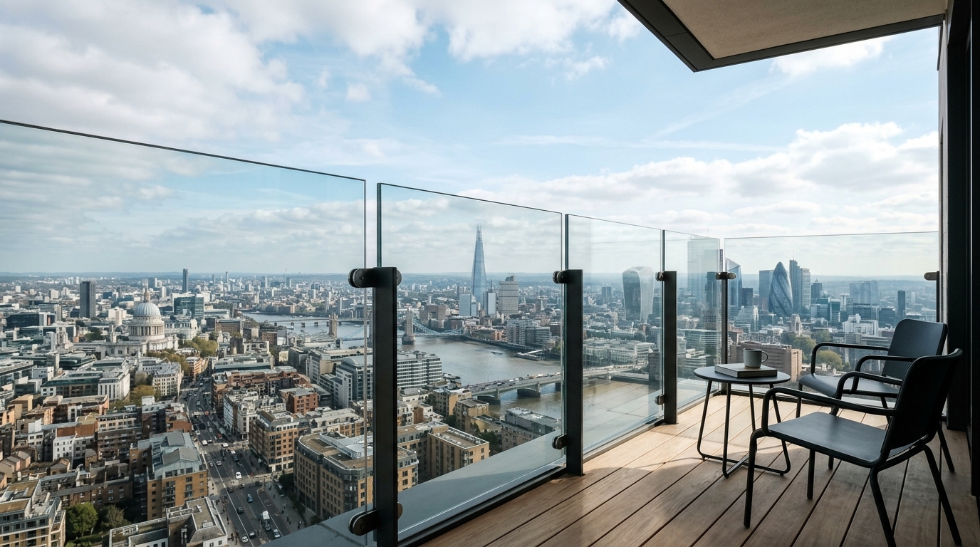 A modern balcony featuring a glass balustrade and minimal furniture to maximize the city skyline sightline alignment.