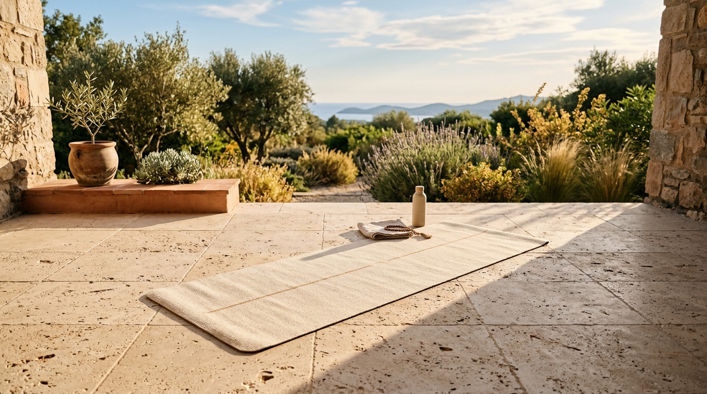 A morning yoga session occurring in the sun-drenched center of an apartment, showing the functional flexibility of a glazed patio.