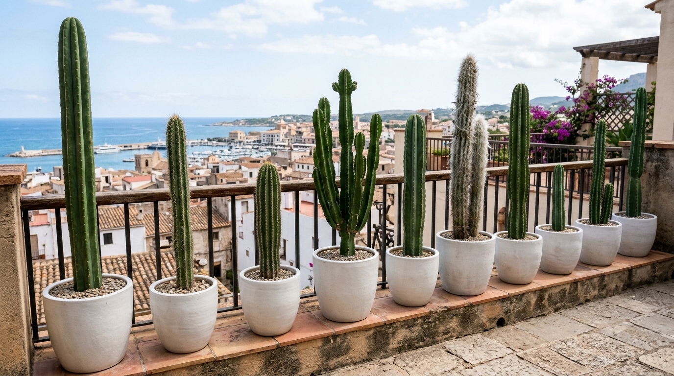 A curated collection of architectural plants in varying heights to create a sense of depth on a narrow balcony ledge.