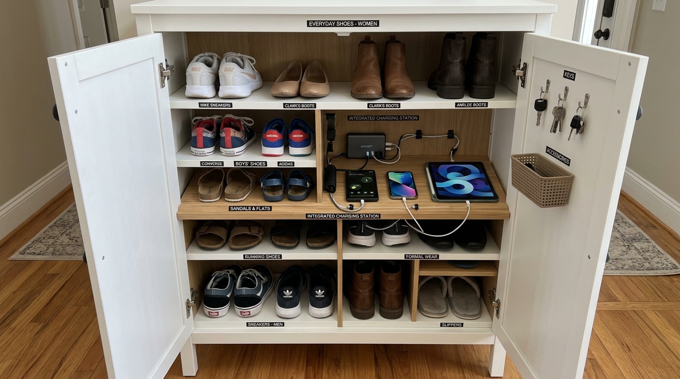 Detailed shot of an entryway command center with integrated calendar, mail sorter, and hidden key hooks inside a shallow cabinet.