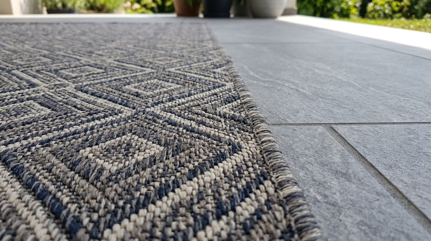 Tactile detail of a woven jute rug against a dark grey porcelain tile floor, illustrating floor zoning techniques.