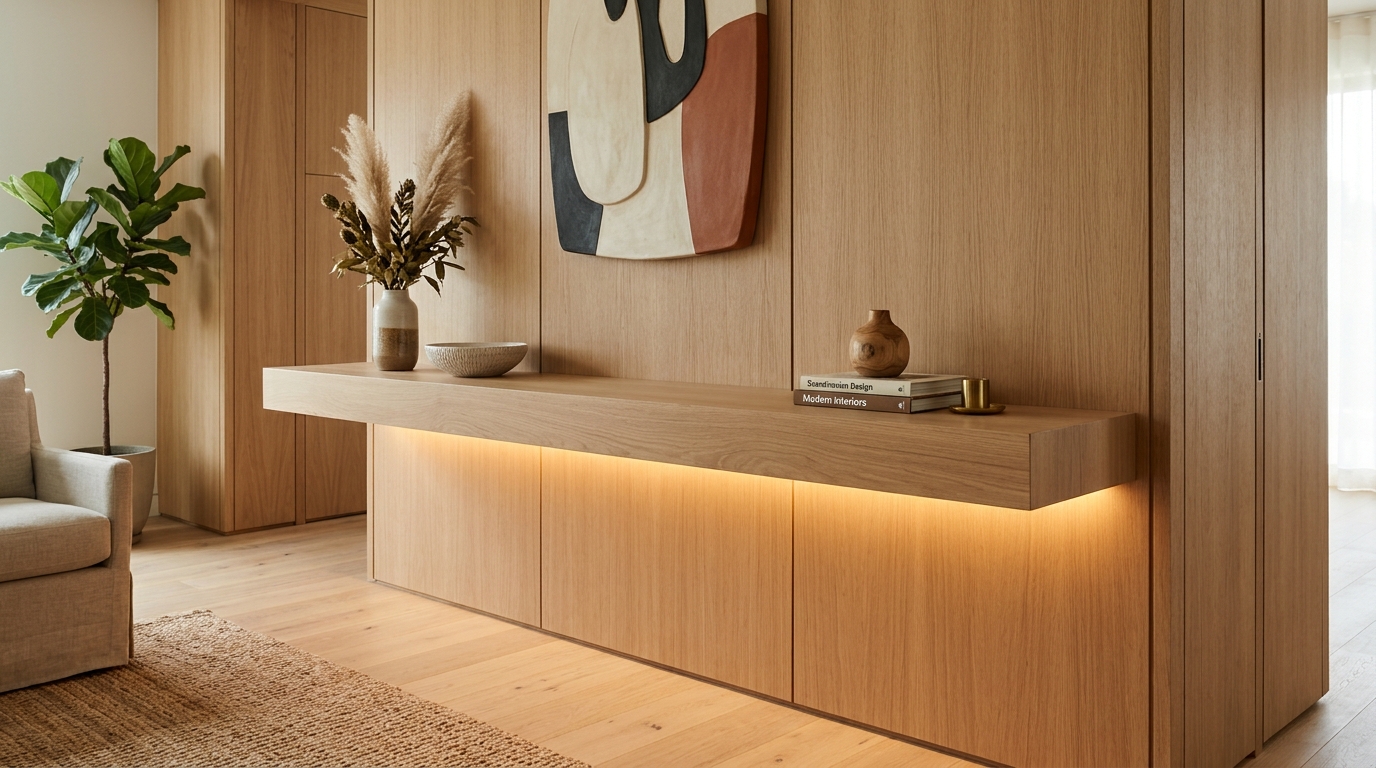 Custom built-in entryway console that integrates into the wall paneling for a seamless transition.