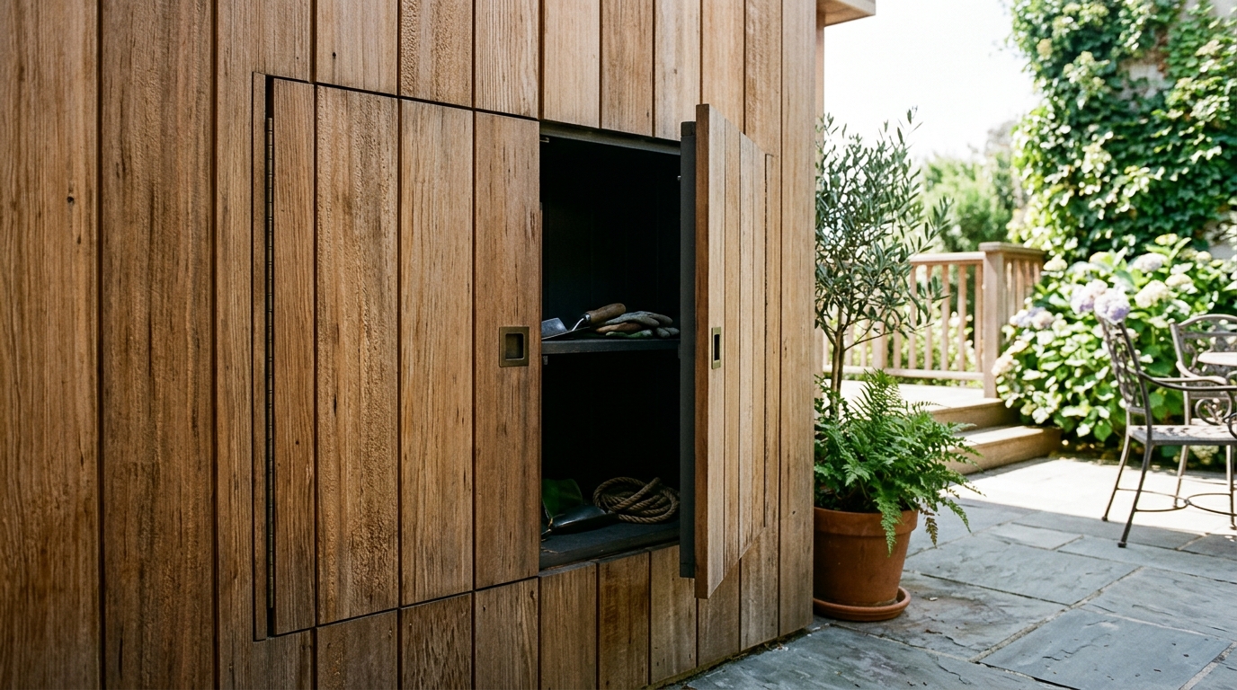 Close-up of a fluted oak wall panel that hides a secret closet adjacent to the patio, demonstrating space-saving small apartment balcony ideas.