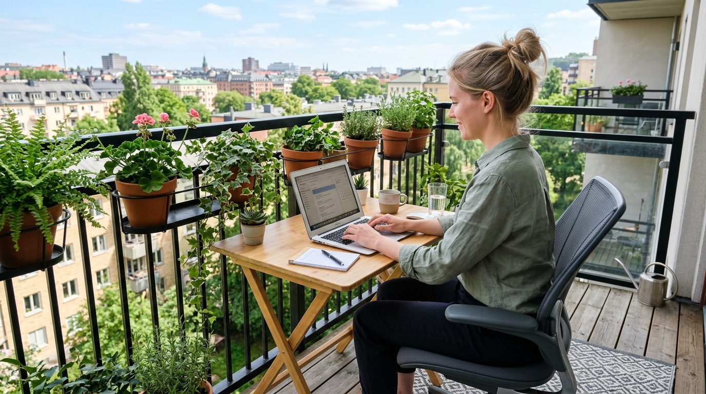 An ergonomic outdoor workstation on a small balcony, featuring a compact desk and a supportive mesh chair.