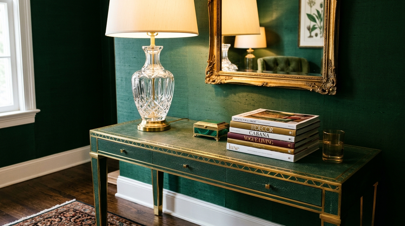 Luxury textures in an entry with a shagreen leather console and a crystal table lamp.