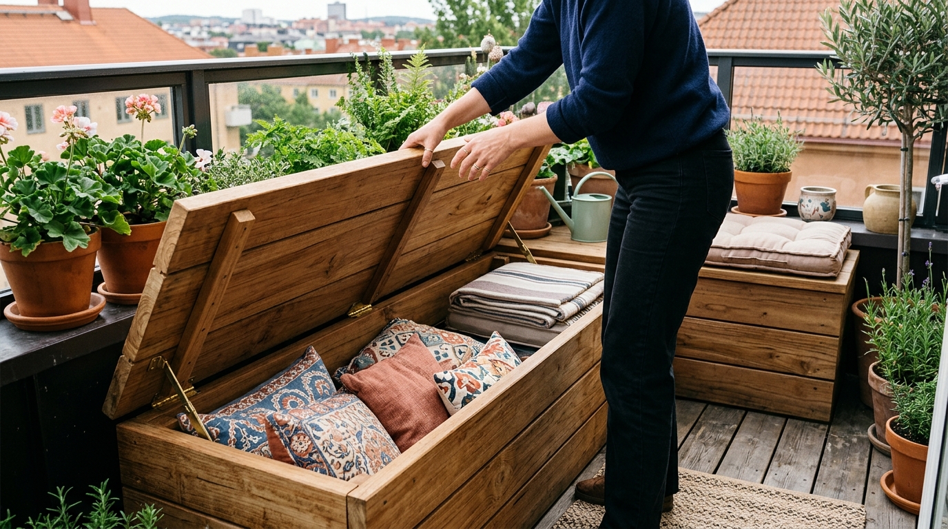 Detail of a hidden storage bench opening to reveal organized outdoor cushions and accent pillows.