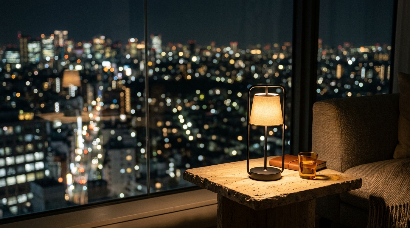 Soft-focus background of a city at night with a sharp foreground of a 2700K portable LED lamp on a stone table.