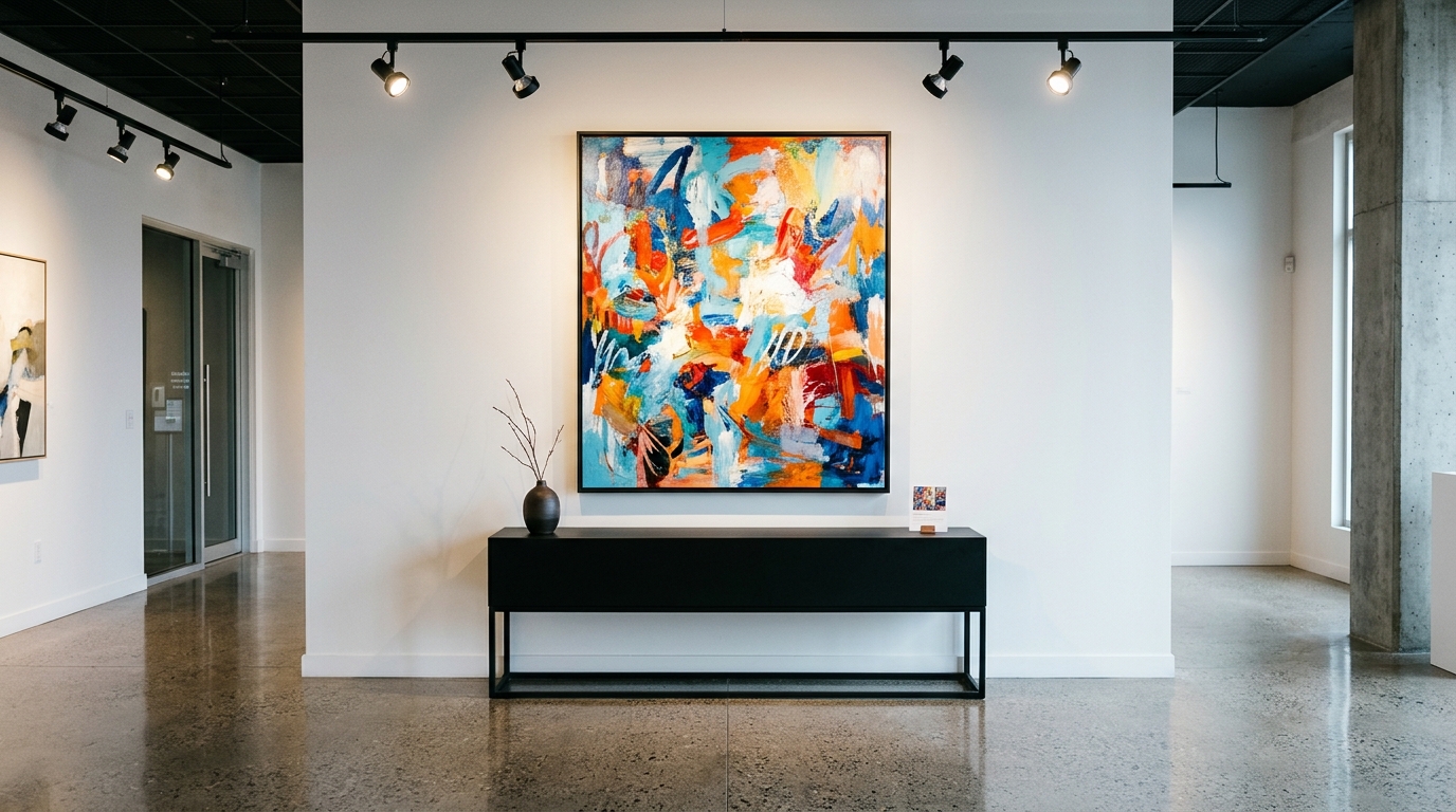 Modern entryway with a colorful abstract painting hanging above a simple black metal console.