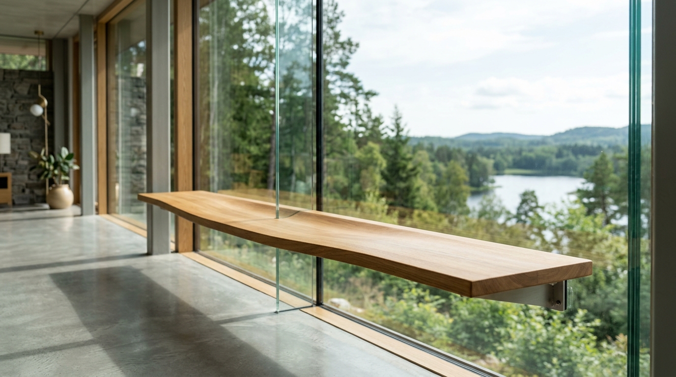 Minimalist bench seating integrated into the architectural frame of a glass patio, optimizing small apartment balcony ideas ergonomics.