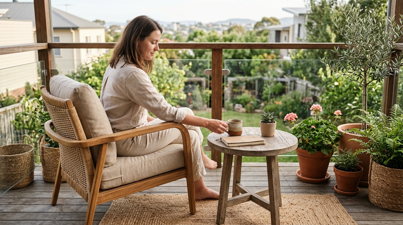Small apartment balcony ideas layout focusing on the 'coffee reach' with an 18-inch distance between the chair and side table.