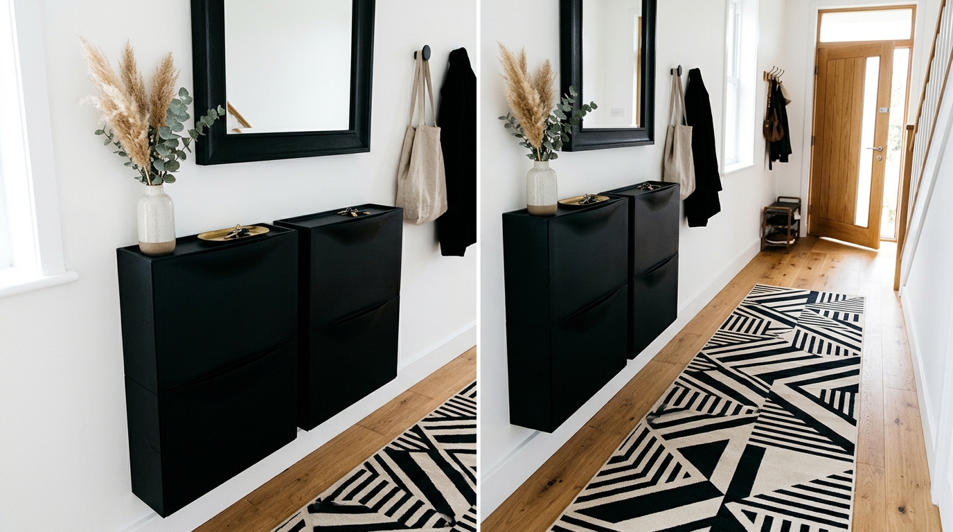 Eclectic entryway design featuring a vintage runner rug paired with a modern, high-gloss Ikea shoe cabinet hack.