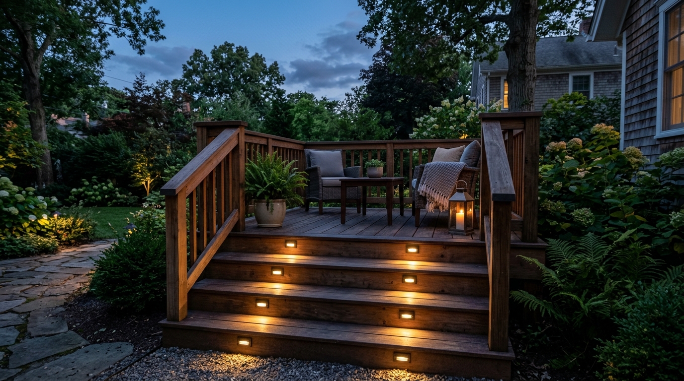 Integrated stone bench seating with recessed lighting underneath, showcasing small apartment balcony ideas lighting guide principles.