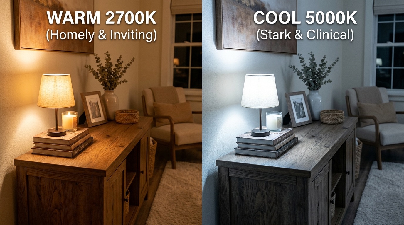 The 2700K warm light effect in a narrow hallway showing a welcoming golden glow onto a wooden table.