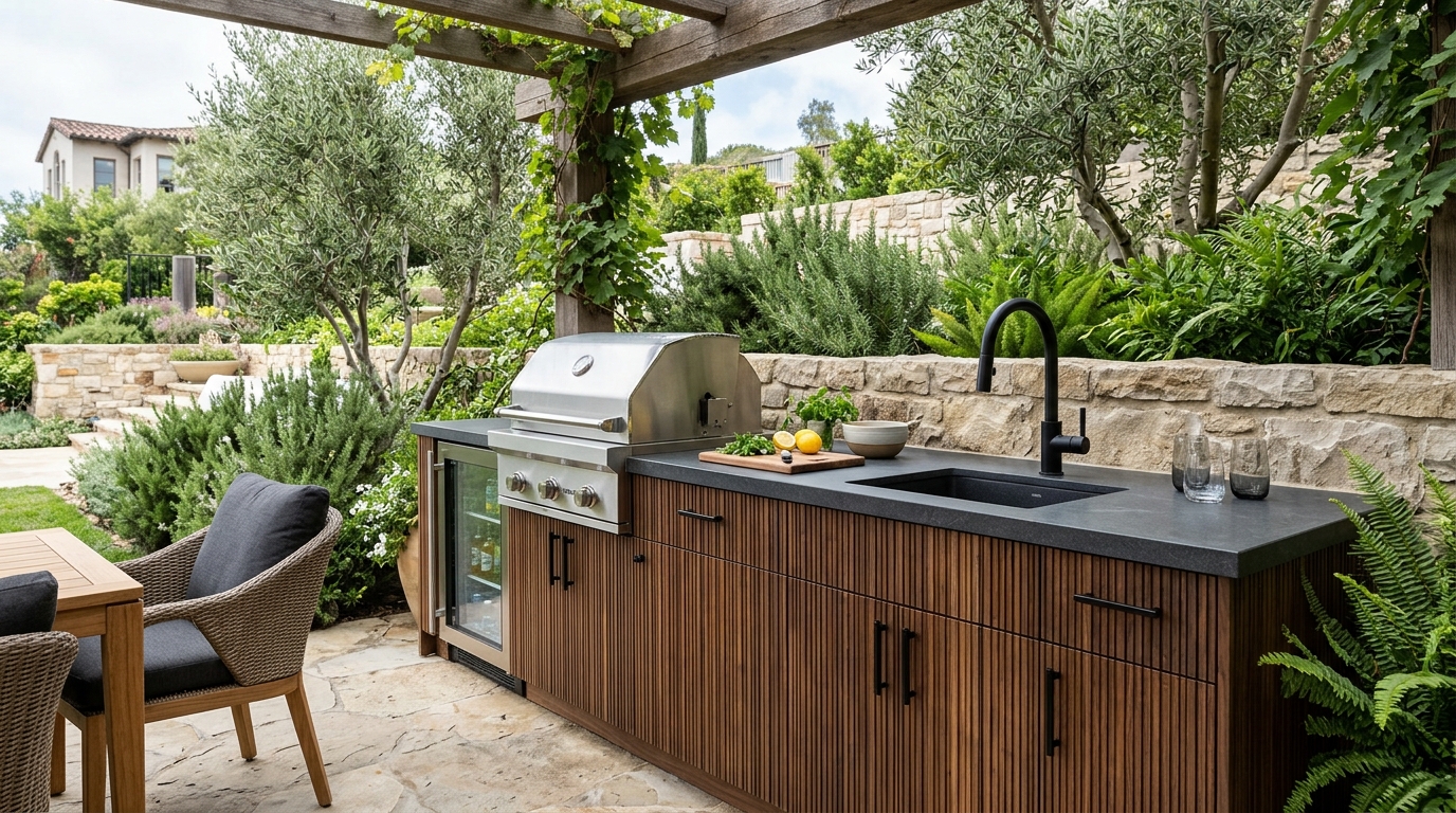 A luxury outdoor kitchen module with stainless steel finishes and fluted oak panels for a small patio upgrade.