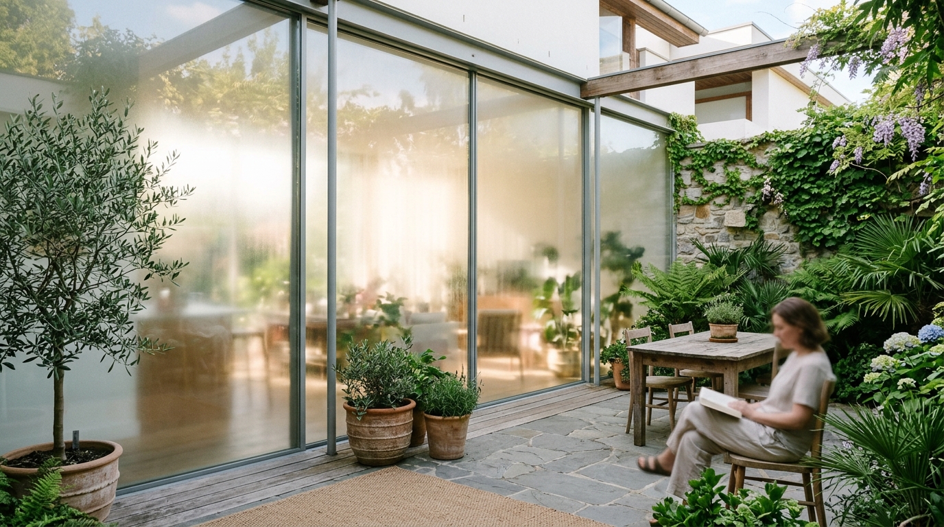 Soft diffused light through frosted glass panels on one side of a patio for privacy, a smart solution for small apartment balcony ideas layout.