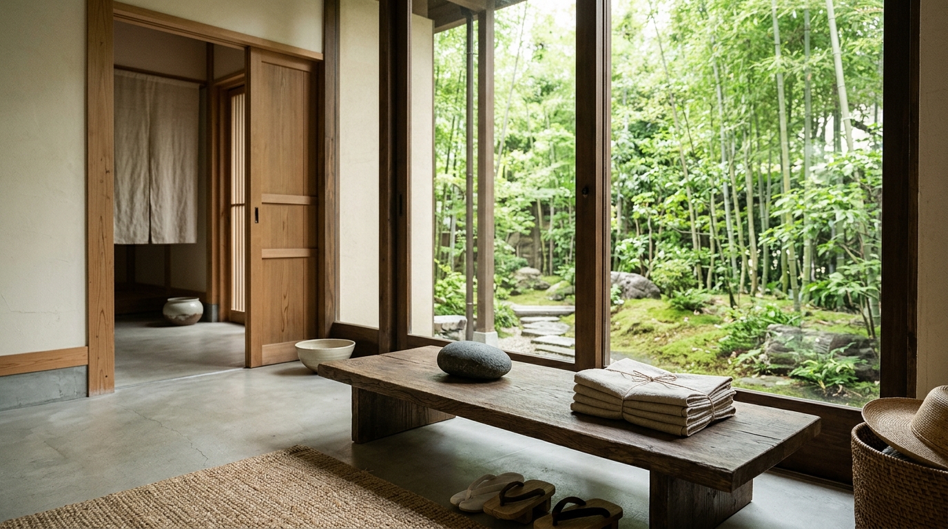 Zen-inspired entry with a low-profile console, a single stone, and a branch in a glass vessel.