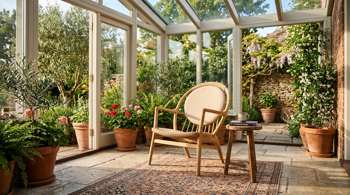 Mid-century modern chair placed in a glazed patio corner with a focus on shadow play and natural light.