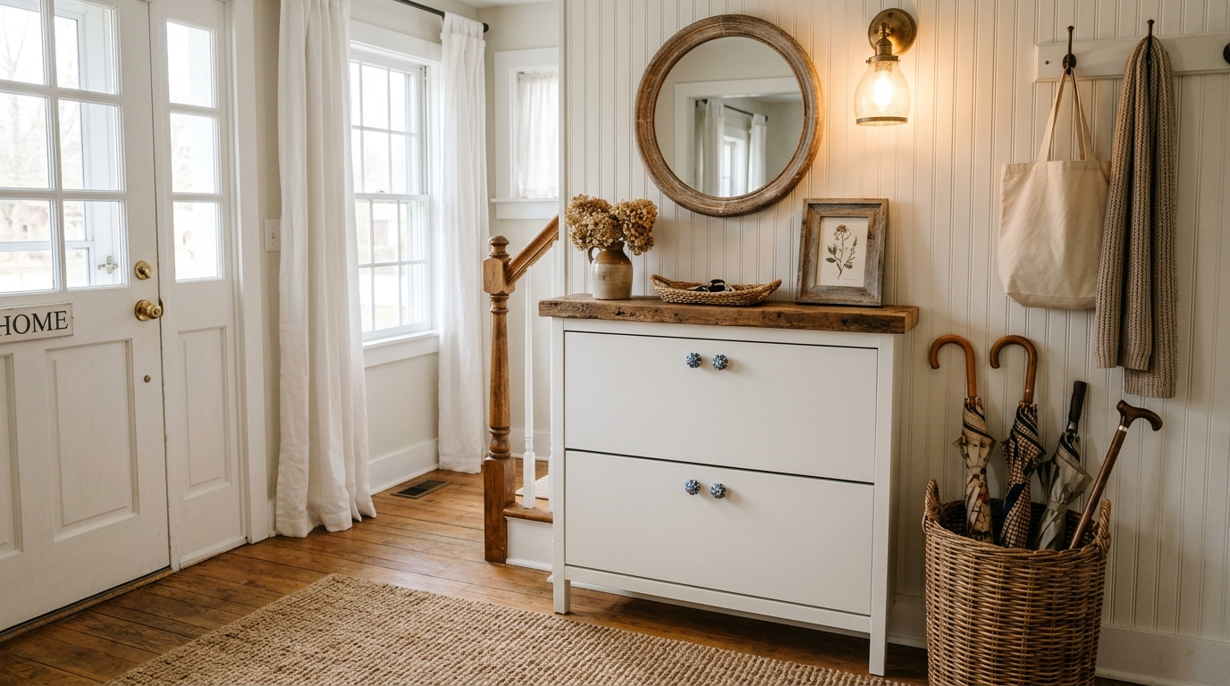 Ikea Bissa shoe cabinet hack with updated porcelain knobs and a custom solid oak top for a farmhouse aesthetic.