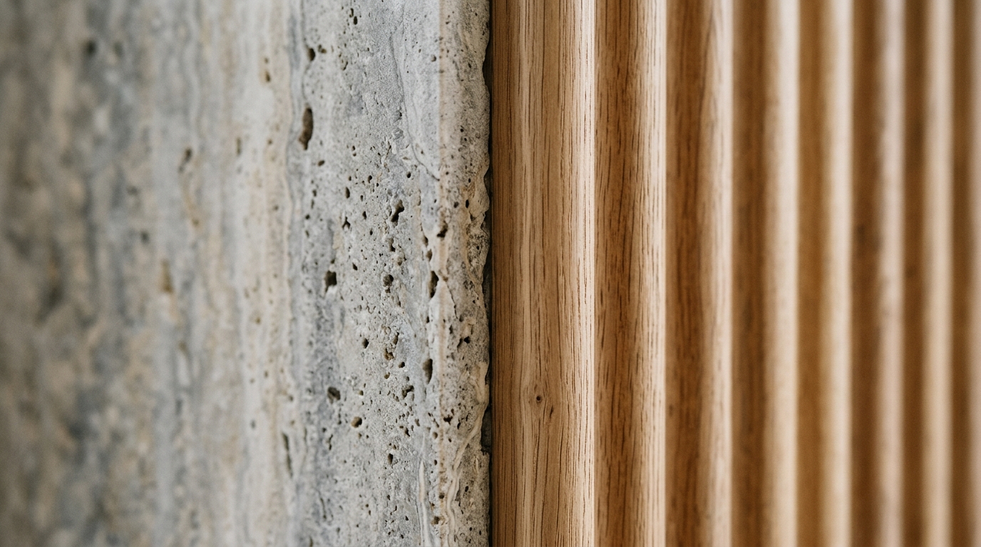 Macro shot of honed travertine stone and fluted white oak cabinetry, highlighting luxury small apartment balcony ideas textures and material depth.