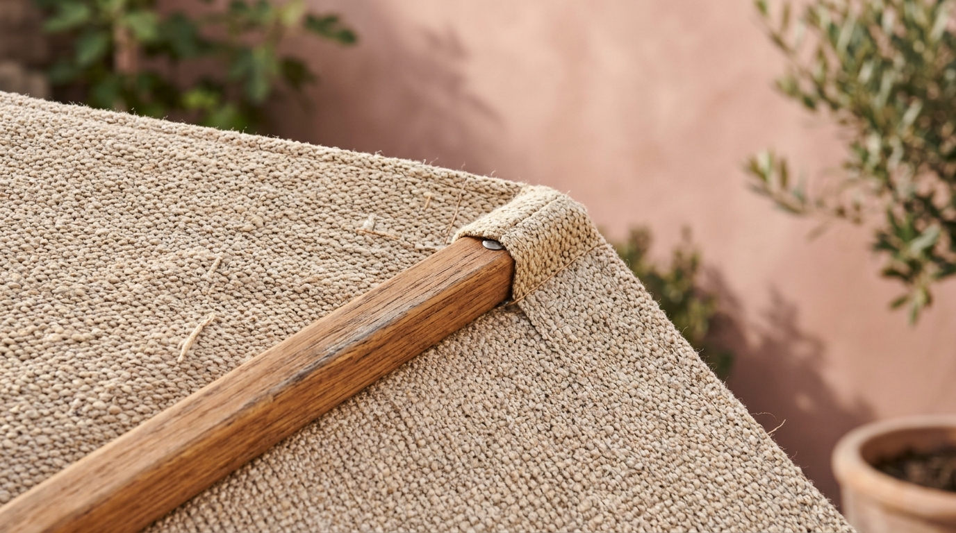 Close-up detail of a textured cream umbrella canopy against a limewash wall in Benjamin Moore Swiss Coffee, highlighting tactile materiality.