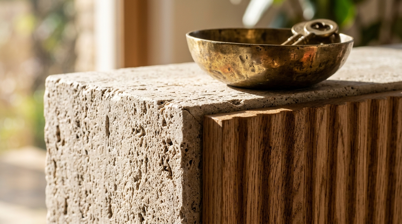 Detailed shot of honed travertine and fluted white oak materials on a luxury entryway console.