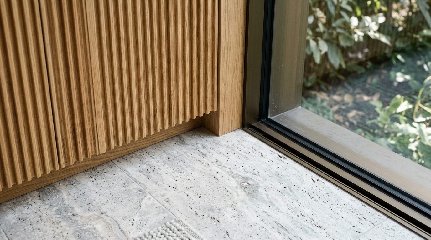 Detail shot of tactile materials including fluted white oak and honed travertine flooring surrounding a glass patio enclosure, highlighting luxury small apartment balcony ideas textures.