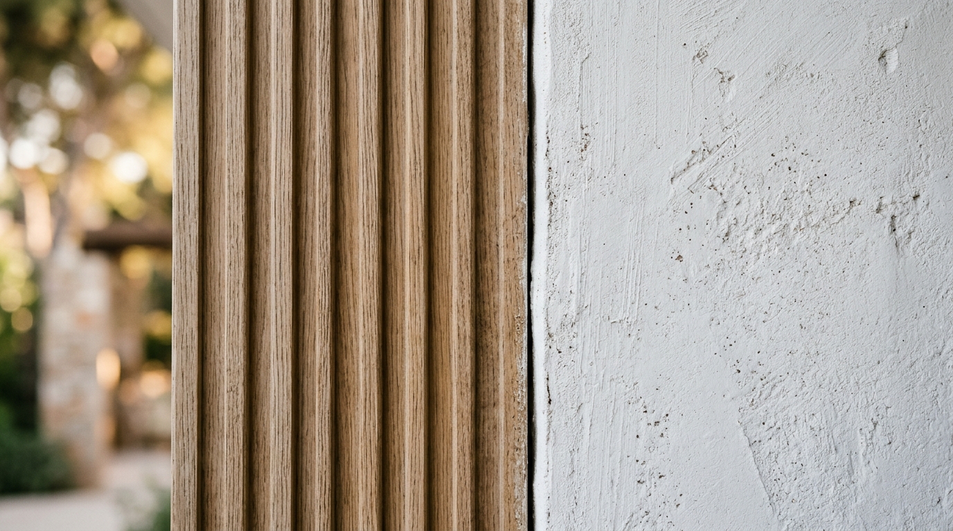 Close-up of tactile materials including fluted white oak paneling and limewash walls, showcasing luxury small apartment balcony ideas textures.