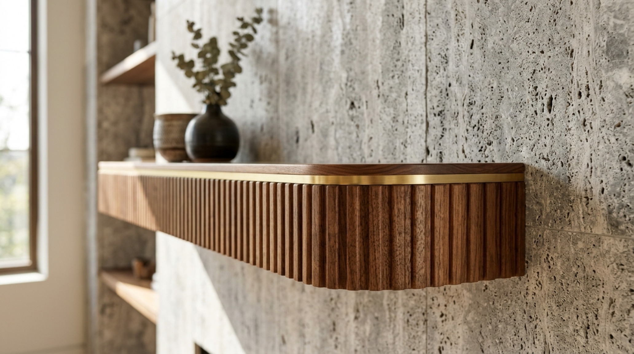 Architectural detail of fluted white oak floating shelves with hidden steel rod support, demonstrating luxury living room floating shelves ideas textures and structural integrity.