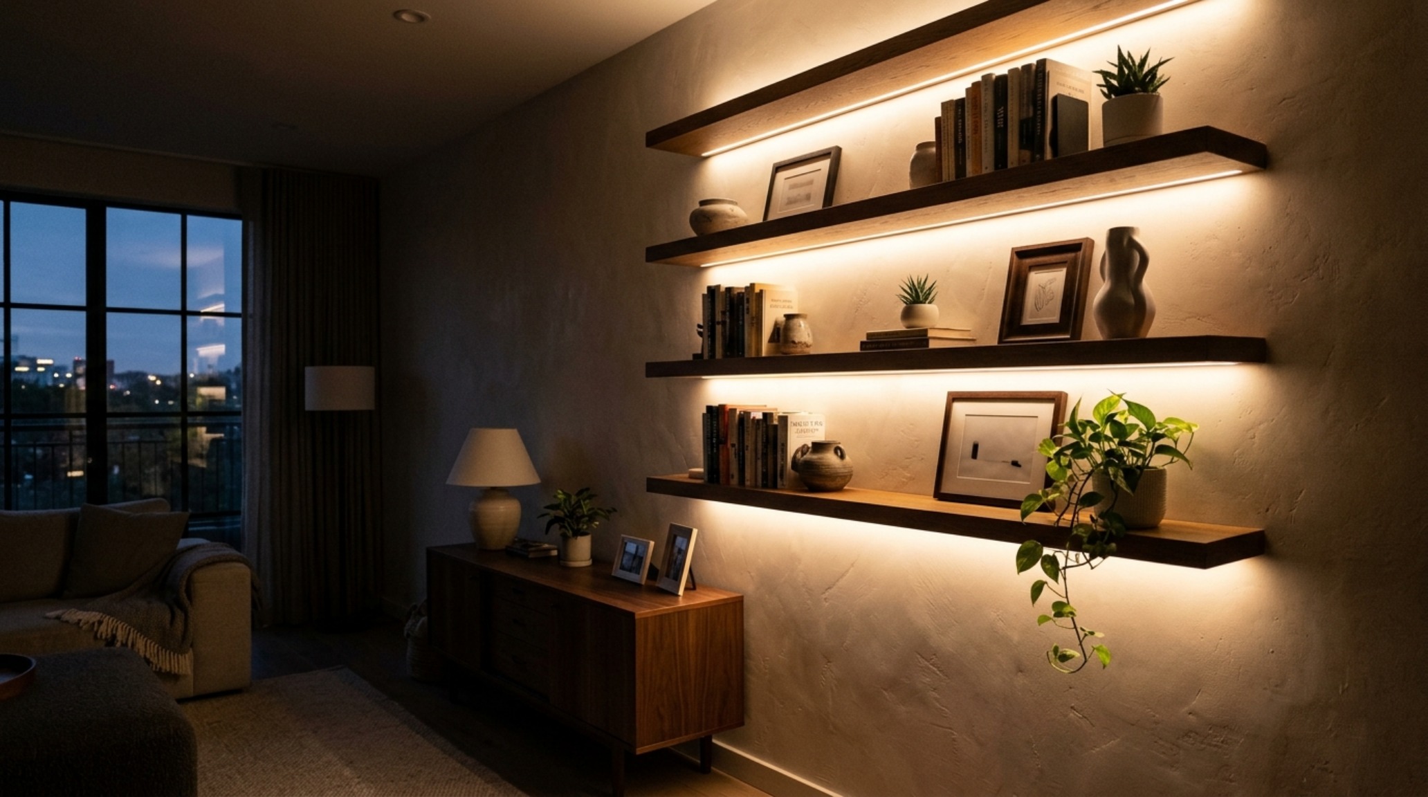 A floating shelf assembly at twilight featuring integrated 2700K LED lighting strips that cast a warm ambient wash over textured limewash walls. A floating shelf assembly at twilight featuring integrated 2700K LED lighting strips that cast a warm ambient wash over textured limewash walls.