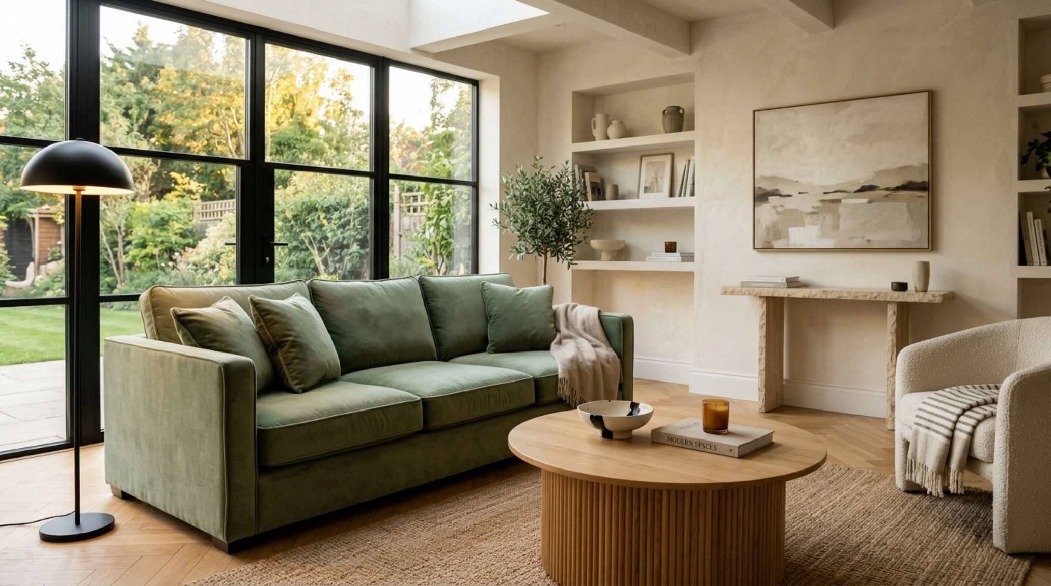Editorial view of a low-slung velvet sofa in sage green paired with a fluted wood coffee table, showcasing an 18-inch ergonomic reach for comfort. Editorial view of a low-slung velvet sofa in sage green paired with a fluted wood coffee table, showcasing an 18-inch ergonomic reach for comfort.