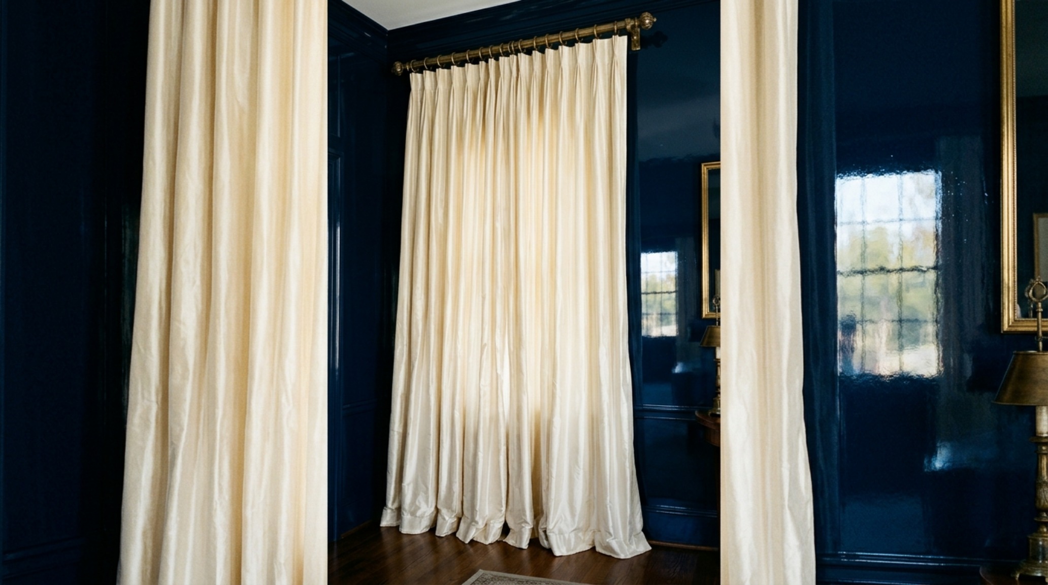 Editorial view of floor-to-ceiling silk drapery and high-gloss lacquered walls that reflect natural light, showcasing nick olsen studio apartment video 0711 decor ideas architecture.