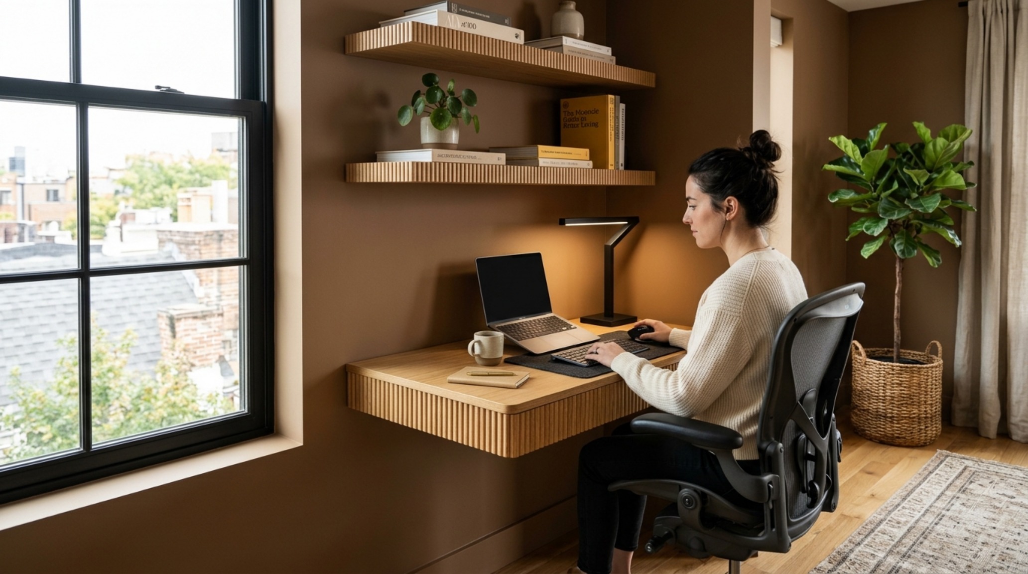 Small home office nook utilizing paint color browns 0608 decor ideas layout with vertical fluted wood panels and an ergonomic floating desk.