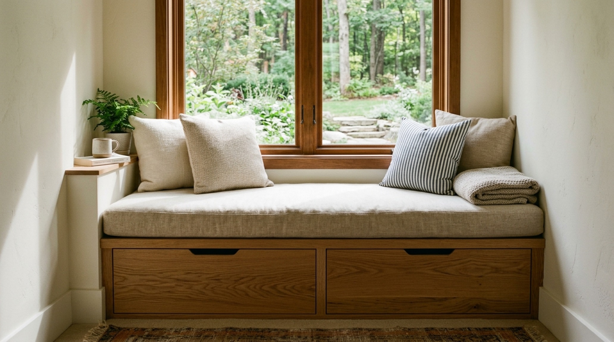 Detail shot of custom hidden storage integrated into a window seat on a porch with Benjamin Moore Swiss Coffee walls and tactile Belgian linen cushions.