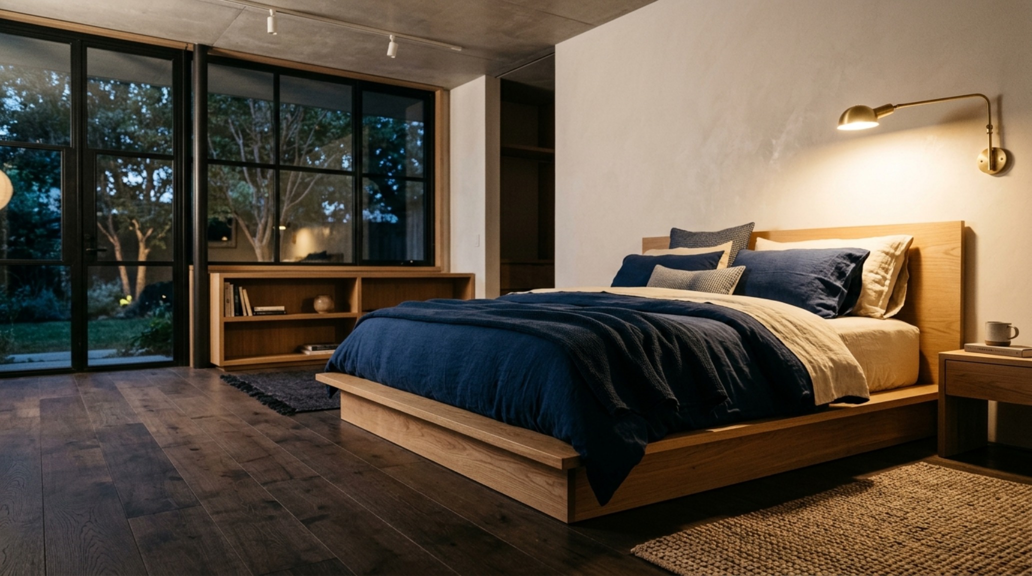 Architectural view of a small space coastal cowgirl design trend decor ideas bedroom with a low-profile white oak bed frame and layered denim and cotton textiles.