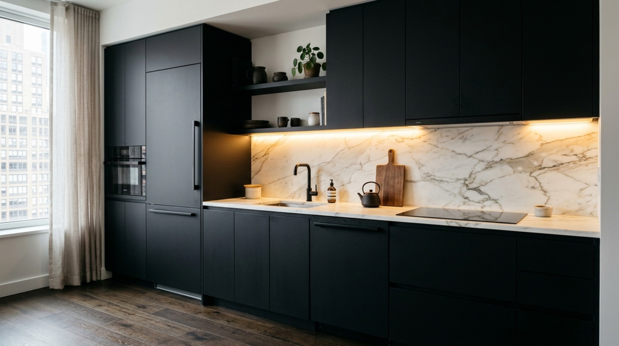 A sleek, high-efficiency kitchenette with custom dark cabinetry and integrated appliances, demonstrating small space bjorn wallander manhattan apartment tour decor ideas.