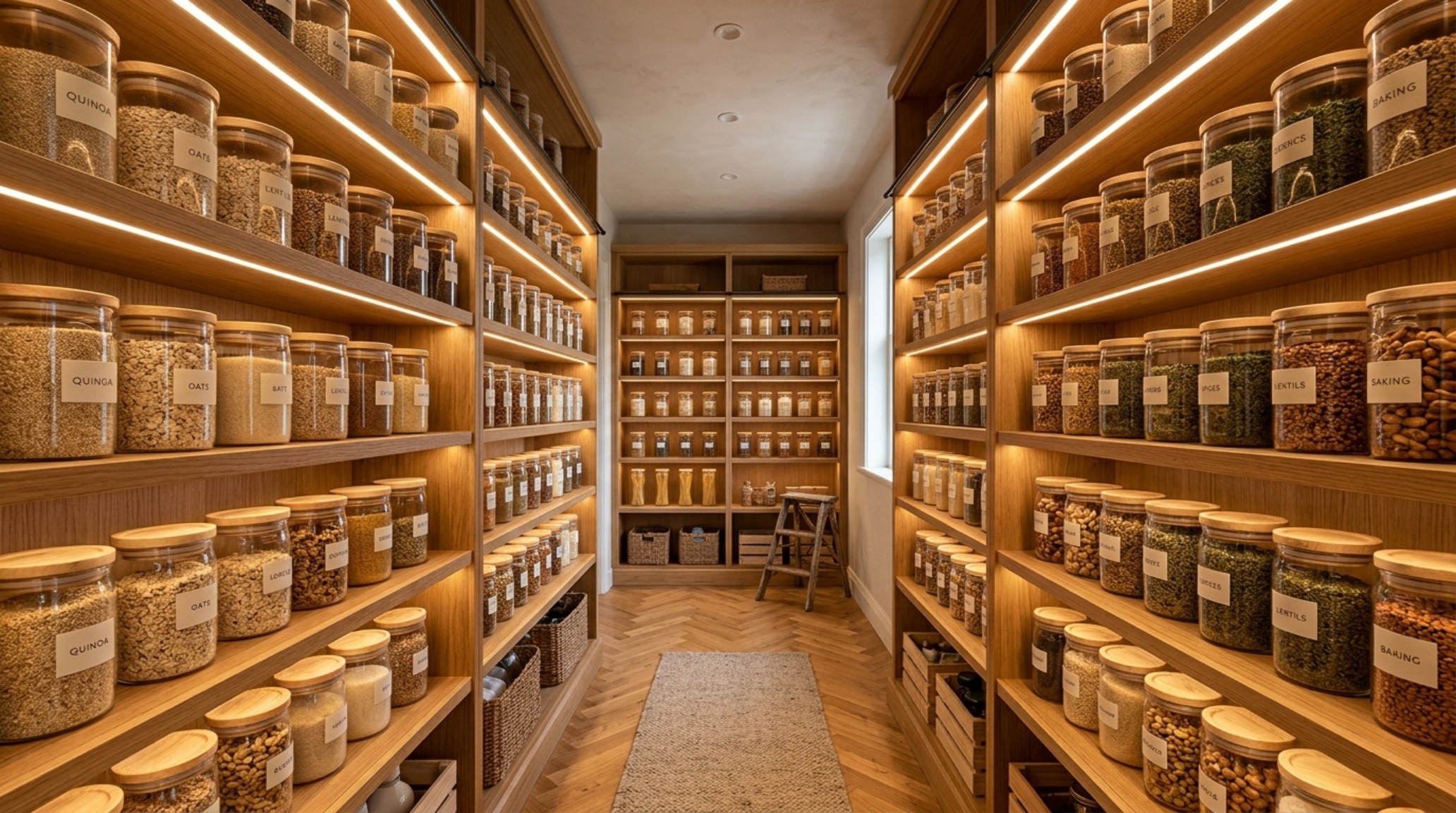 Interior view of a small organized pantry with bespoke glass jars, wooden lids, and integrated LED task lighting, illustrating luxury small pantry organization ideas textures.