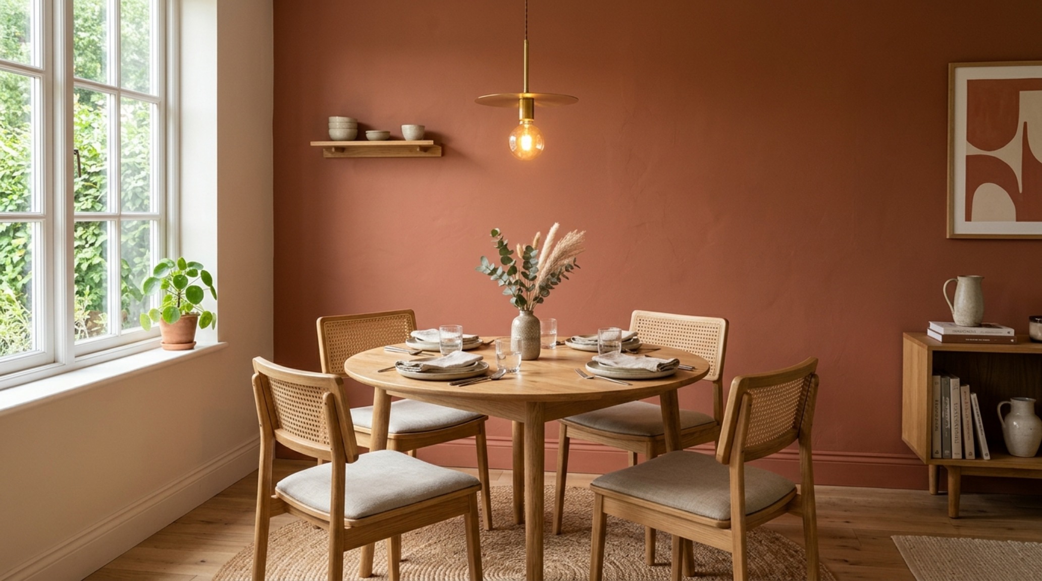 A modern dining nook showcasing flat paint decor ideas ergonomics with 30-inch chair clearances and a soft, non-reflective wall finish that enhances the sense of depth.
