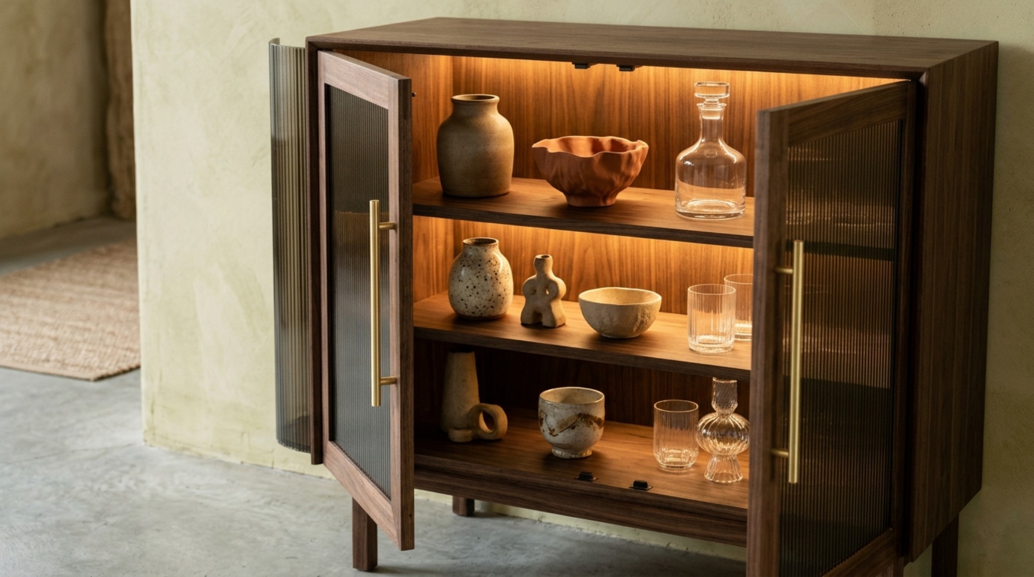 Close-up of luxury ornament storage featuring ribbed glass doors, brushed brass hardware, and interior 3000K LED accent lighting. Close-up of luxury ornament storage featuring ribbed glass doors, brushed brass hardware, and interior 3000K LED accent lighting.