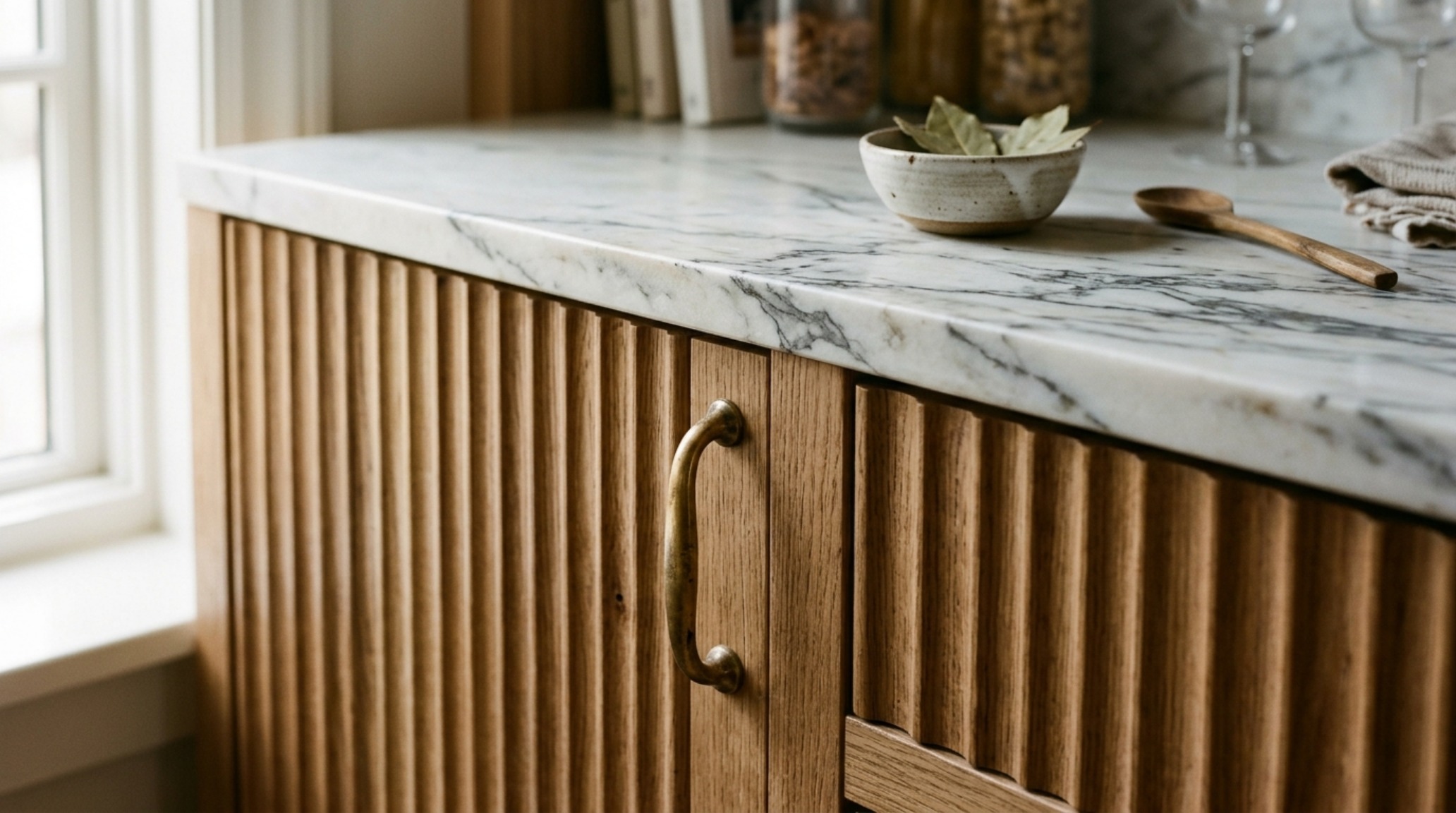 Close-up of luxury small pantry organization ideas textures including fluted oak wood, unlacquered brass handles, and textured ceramic jars.
