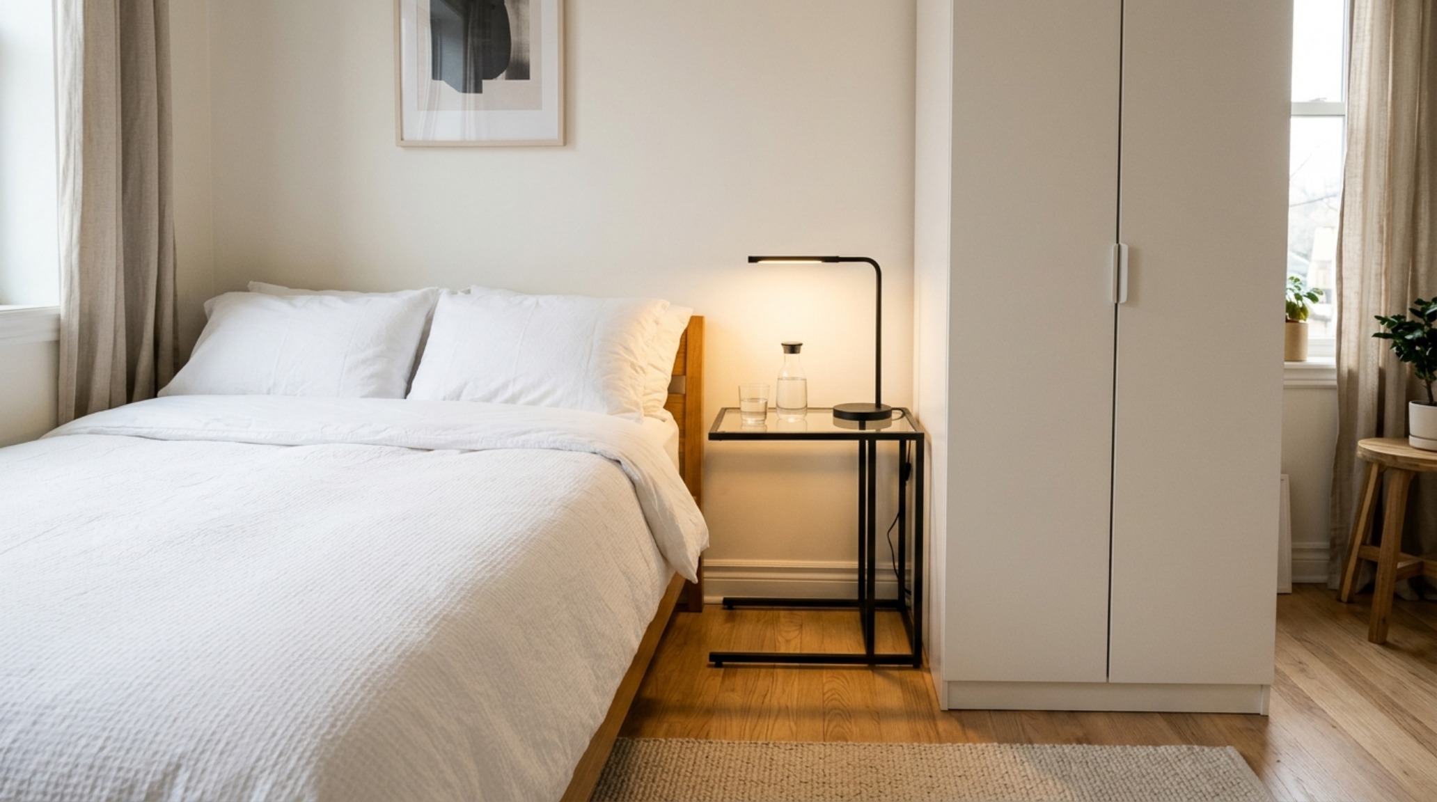 Architectural bedroom layout showcasing the ikea vittsjoe side table for small decor ideas as a space-saving nightstand next to a low-profile bed.