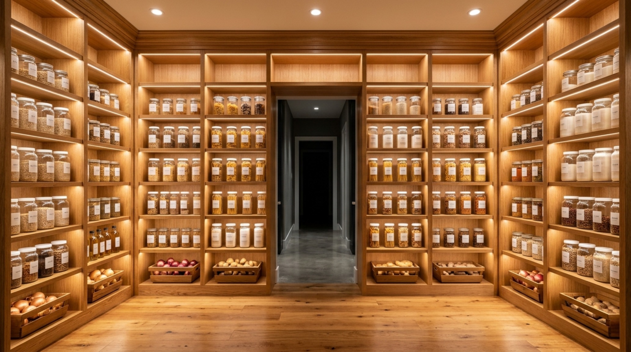 Symmetry in storage: A floor-to-ceiling pantry layout utilizing small pantry organization ideas layout with uniform glass canisters and brass labeling. Symmetry in storage: A floor-to-ceiling pantry layout utilizing small pantry organization ideas layout with uniform glass canisters and brass labeling.