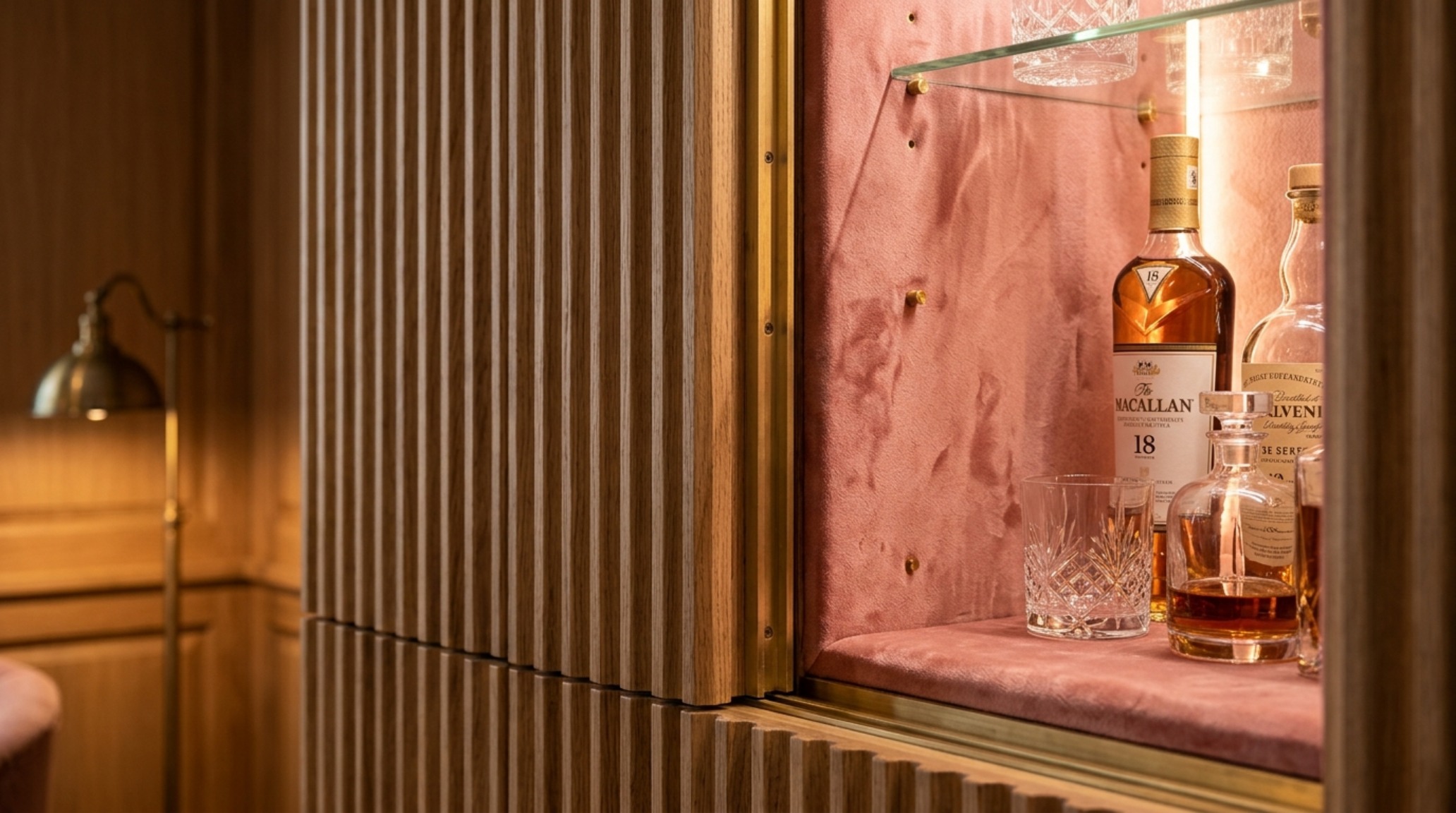 Detailed shot of custom fluted white oak cabinetry incorporating barbie movie dreamhouse pink paint shortage decor ideas ergonomics and hidden storage solutions.