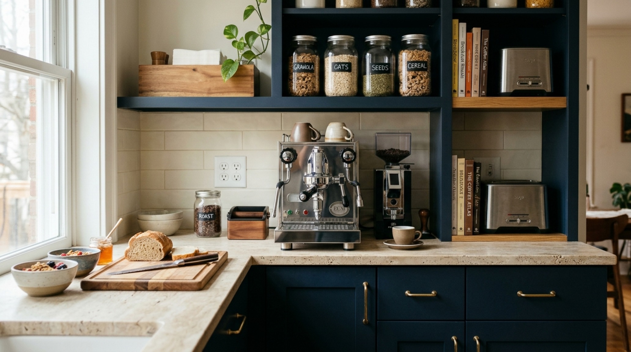 Close-up of a breakfast workstation inside a pantry with a stone countertop and hidden appliance storage.